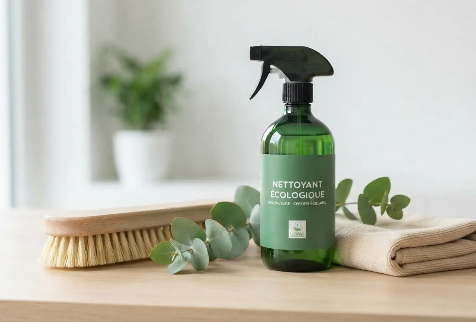 Illustration d’un flacon de nettoyant écologique avec une brosse, une branche d’eucalyptus et du linge plié