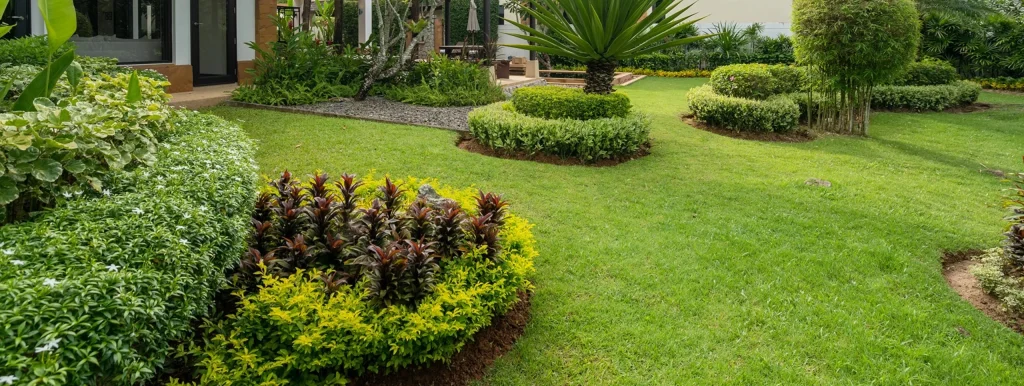 Jardin composé d’une pelouse, de massifs et d’arbustes taillés.