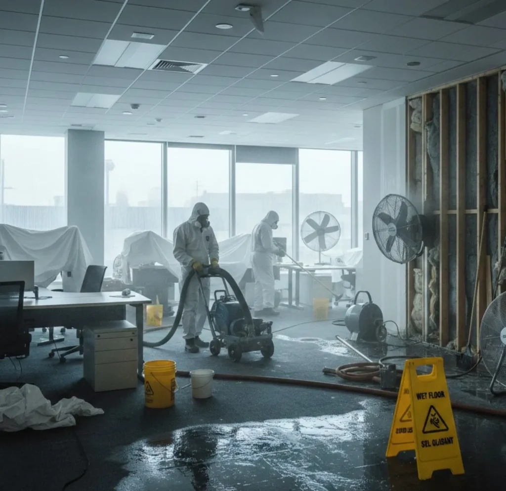 Illustration d’une remise en état technique après un dégât dans des bureaux