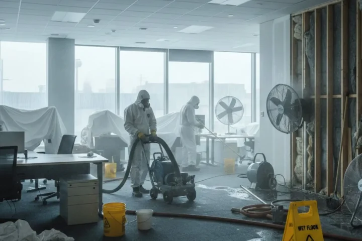 Illustration d’une remise en état technique après un dégât dans des bureaux