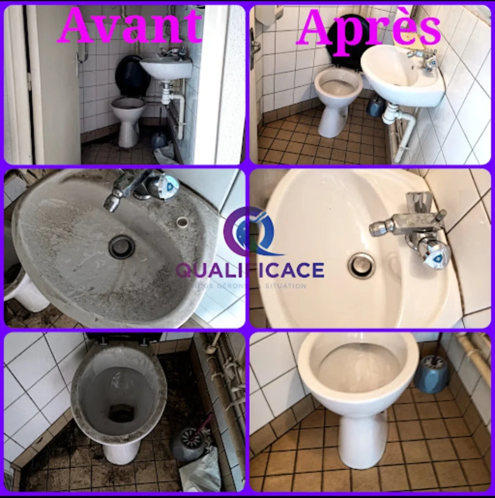 Avant et après le nettoyage extrême de sanitaires très encrassés par QUALIFICACE.