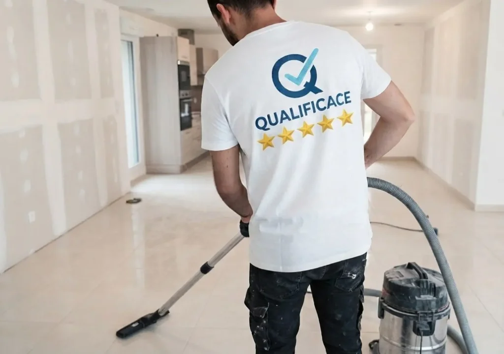 Illustration d’un technicien QUALIFICACE pendant un nettoyage de fin de chantier