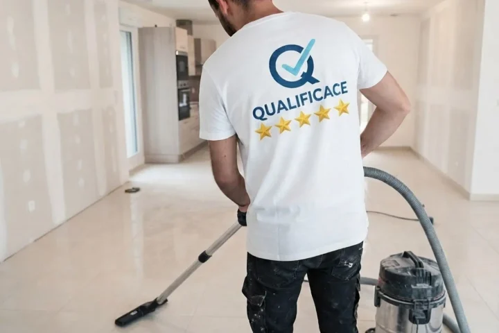 Illustration d’un technicien QUALIFICACE pendant un nettoyage de fin de chantier