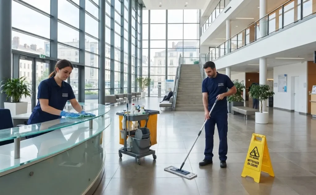Illustration d’une équipe de nettoyage dans l’accueil d’un bâtiment professionnel