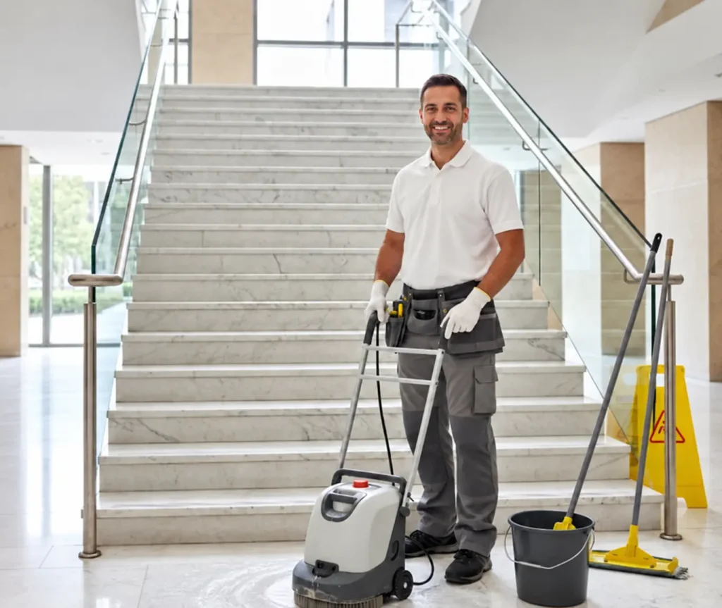 Agent d’entretien avec une machine de nettoyage au pied d’un escalier dans un grand hall.
