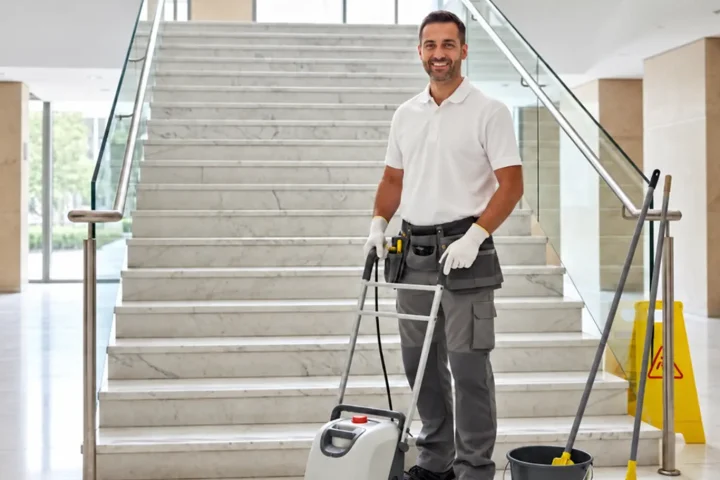 Agent d’entretien avec une machine de nettoyage au pied d’un escalier dans un grand hall.