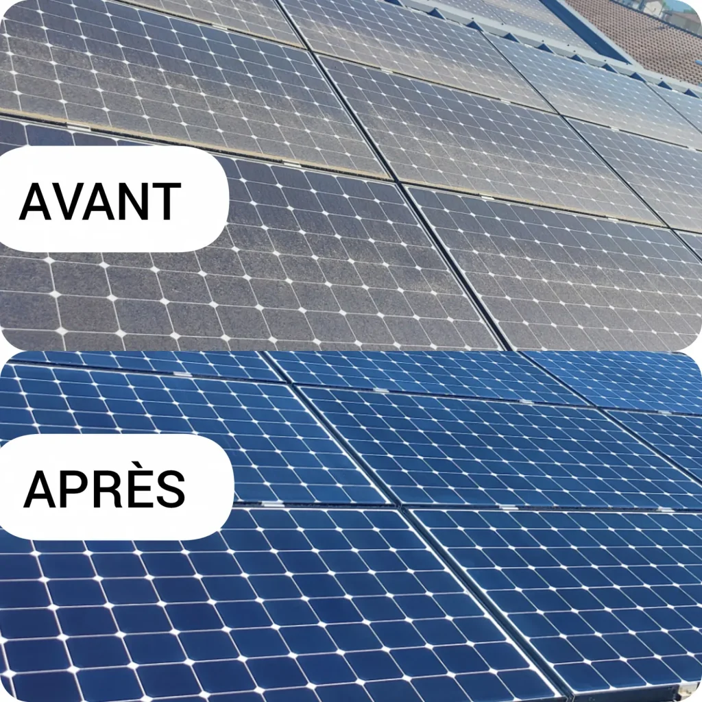 Panneaux photovoltaïques avant et après leur nettoyage par QUALIFICACE