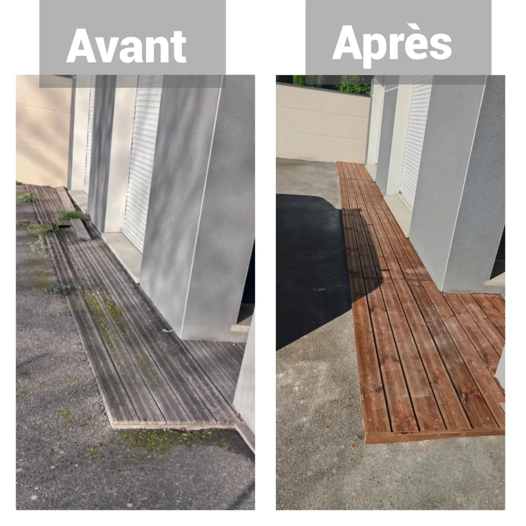 Terrasse en bois avant et après son nettoyage par QUALIFICACE