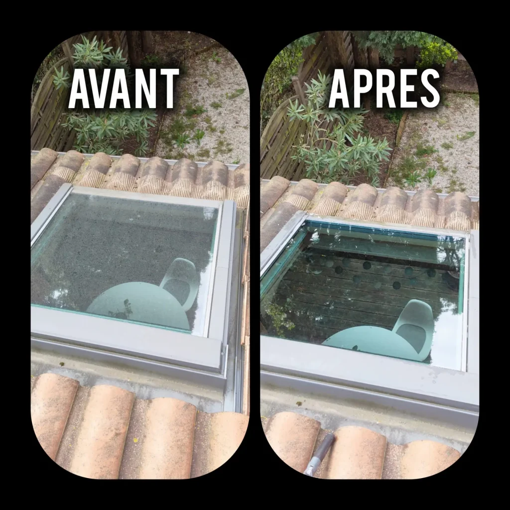 Fenêtre de toit avant et après son nettoyage par QUALIFICACE
