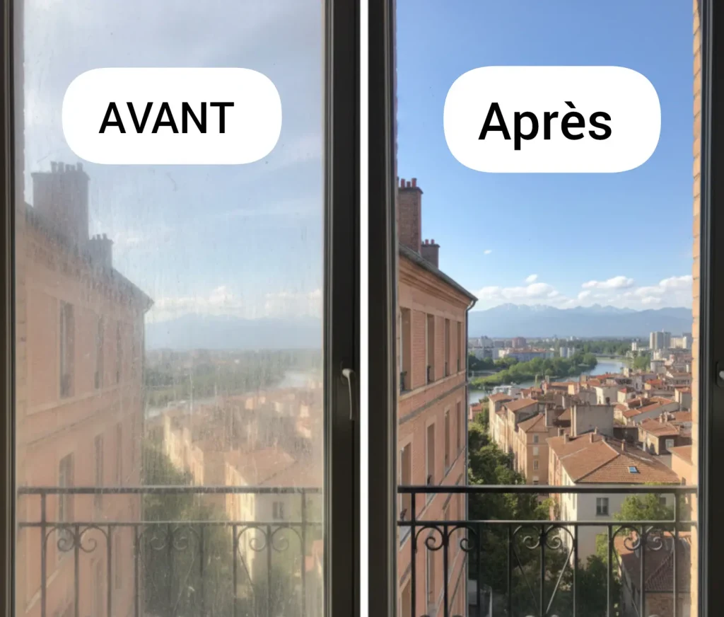 Vitrage avant et après son nettoyage par QUALIFICACE