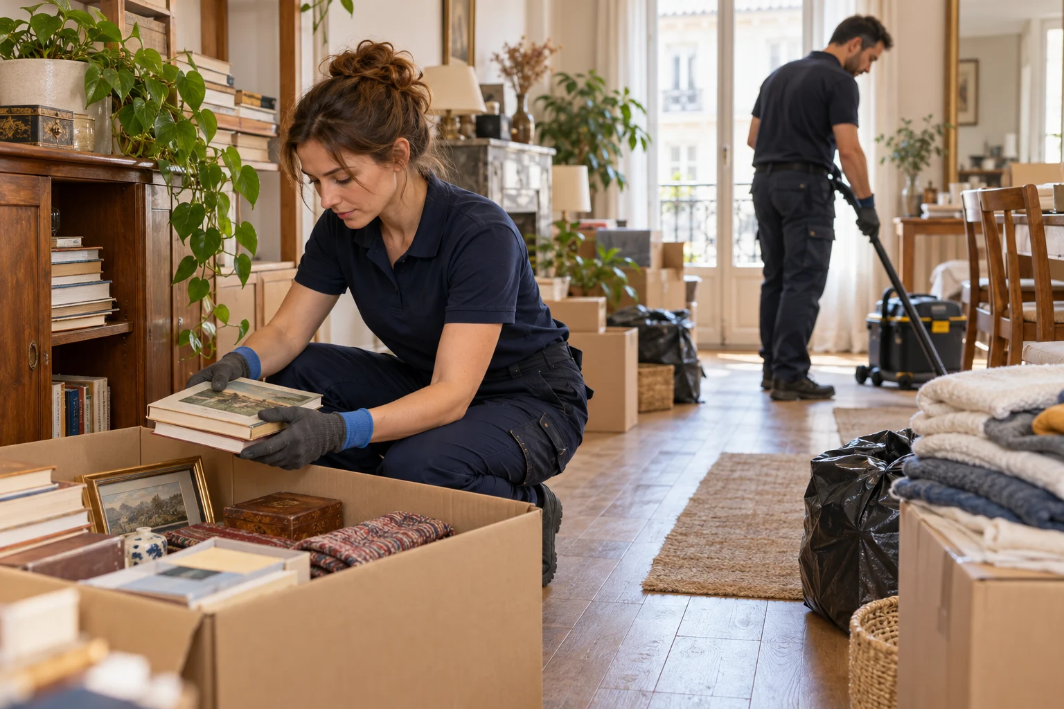 Illustration d’une intervention de nettoyage dans un logement encombré, avec tri respectueux des biens.